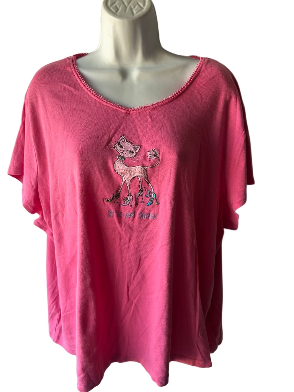 Adonna Pink Cat Graphic T-Shirt 3X Short Sleeve V-Neck Embroidered Shoes